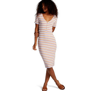 Roxy L Bring it On Multistriped V-Neck Short Sleeve Midi Dress Violet Large